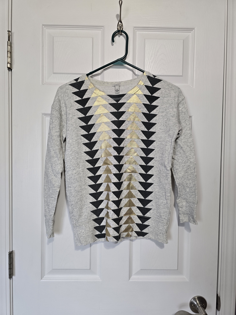 J. Crew Light Gray Crewneck Sweater with Black and Gold Chevron Pattern
